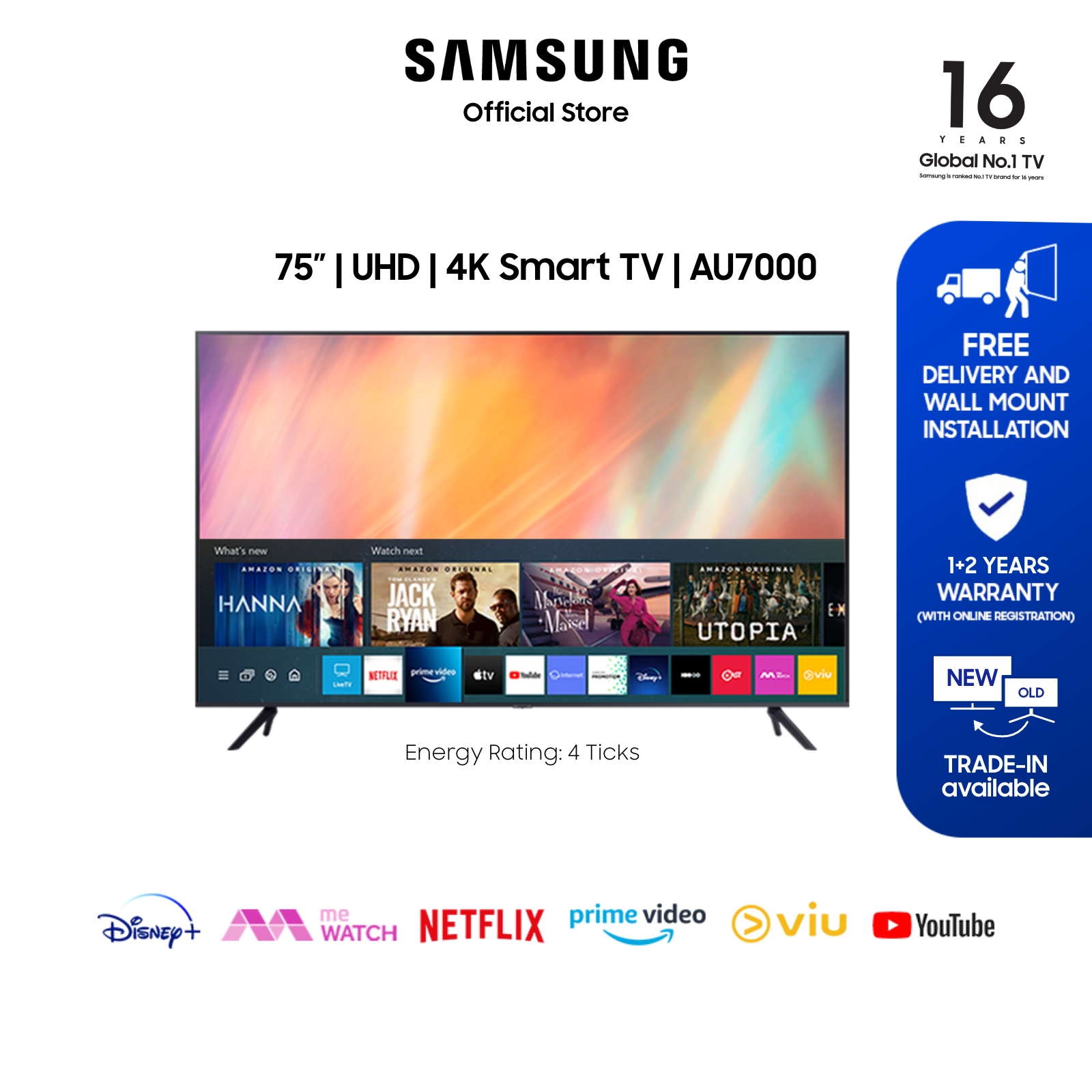 [Bulky] Samsung 75" AU7000 UHD 4K Smart TV (2021) 4 Ticks / 36 Months Warranty