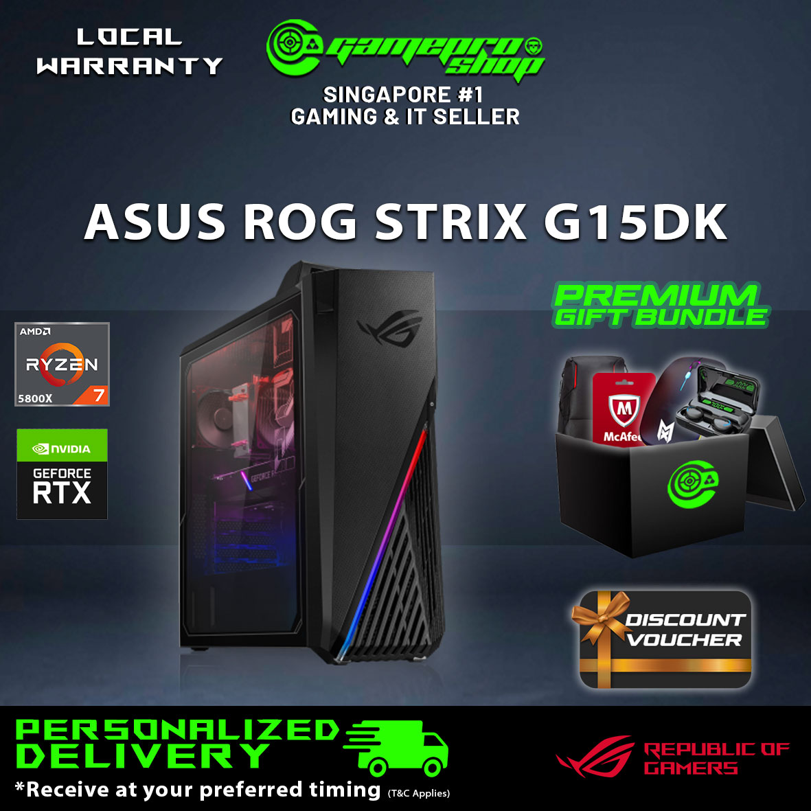 [SAME-DAY/PREMIUM FREE GIFTS] ASUS ROG Strix GA15 G15DK-RTX3070W Gaming Desktop (Ryzen 7 5800X/RTX 3070/512GB SSD+2TB HDD/W11/3Y)