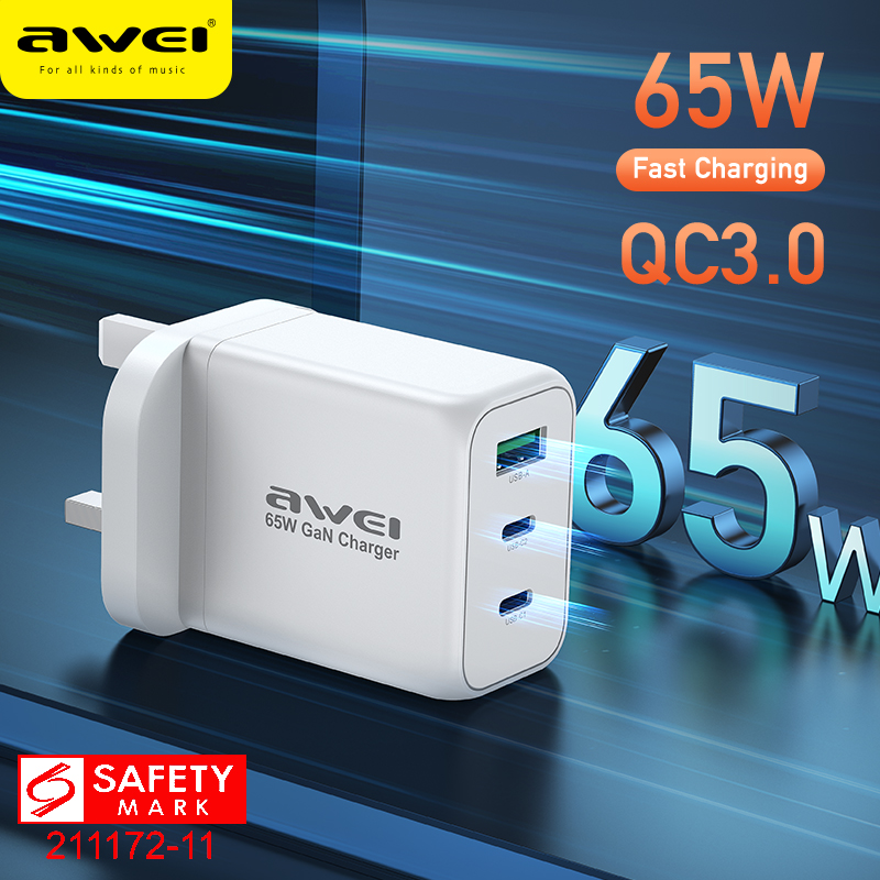 Awei PD18 PD 65W GaN Fast Charger Quick Charge 2 Type C 65W 1 USB A 30W with QC 4.0 3.0 Portable UK Plug for airpods pro iPhone 13 12 XR Xiaomi Macbook M1 pro Laptop iPad Pro Huawei P20 P30 P40 sony w