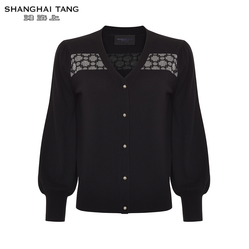 Shanghai Tang Window Jacquard Puff Sleeve Cotton Cashmere Women's Cardigan (Black)
